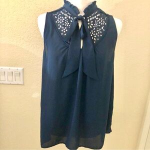 Maeve Navy Sleeveless Blouse with Bow and Cut-Outs